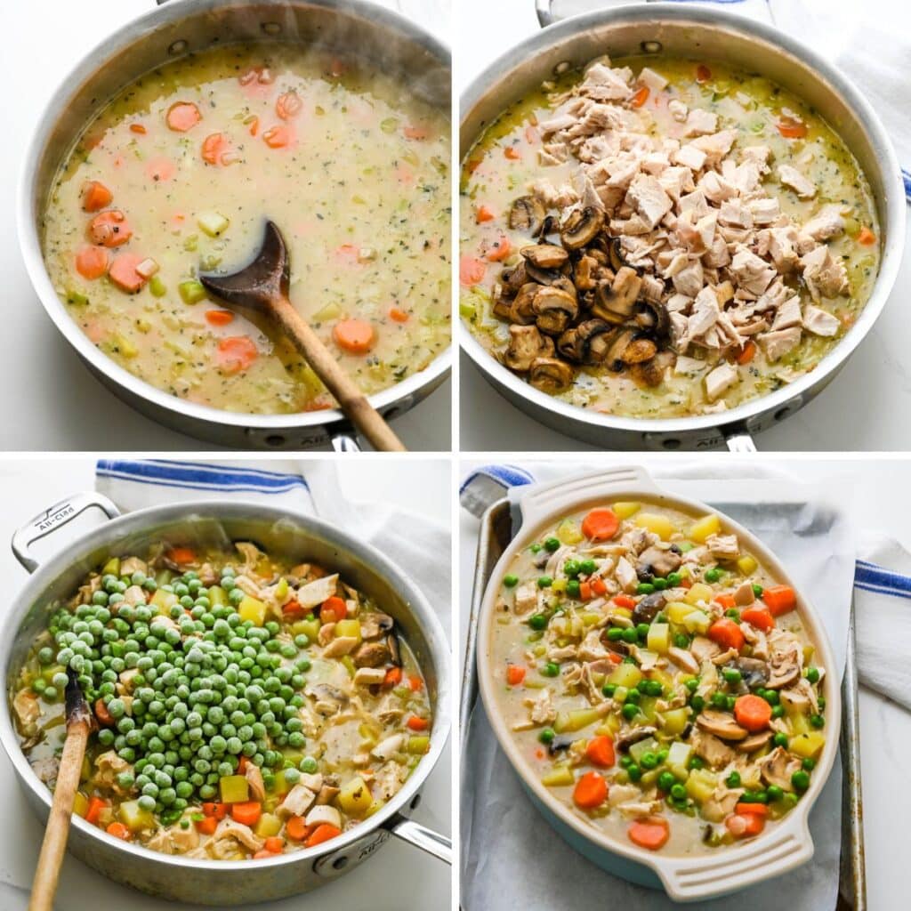 I am assembling the chicken pot pie filling by making the sauce, adding the cooked chicken, mushrooms and frozen peas and assembling in a casserole dish. 