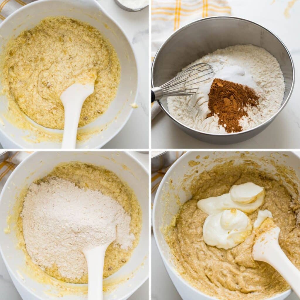 The steps for assembling the banana snack cake batter. Blending in the banana, mixing dry ingredients together, then adding to the wet ingredients and stirring in greek yogurt.