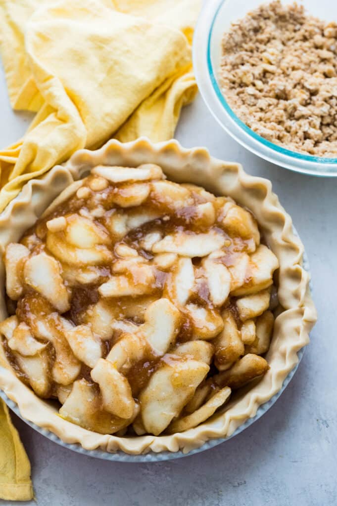 Fill the pie shell with the pear filling.