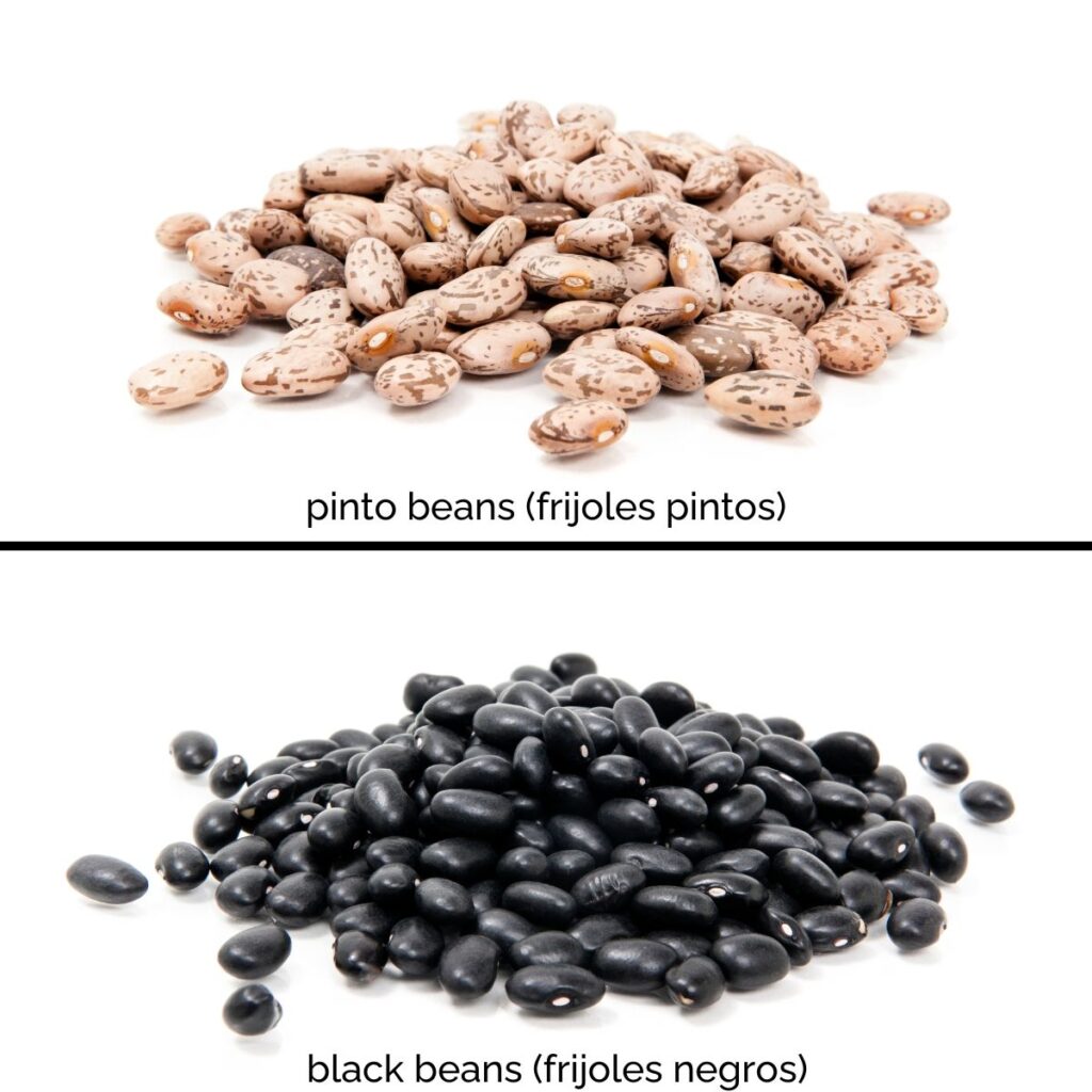 a picture of pinto beans (frijoles pintos) and black beans (frijoles negros).