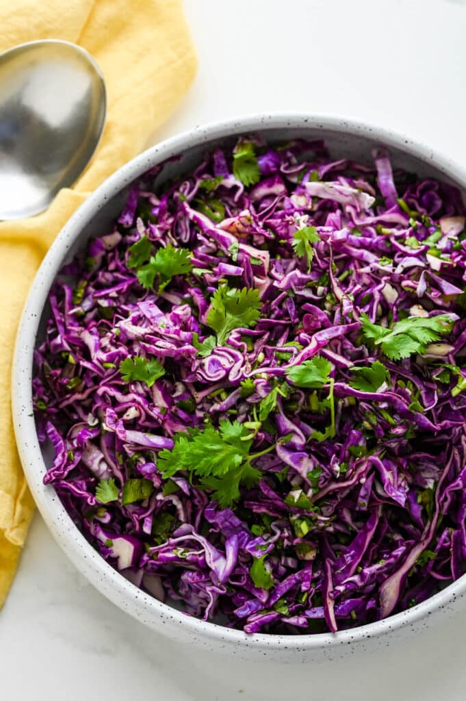 a bowl of red cabbage slaw salad garnished with cilantro leaves.