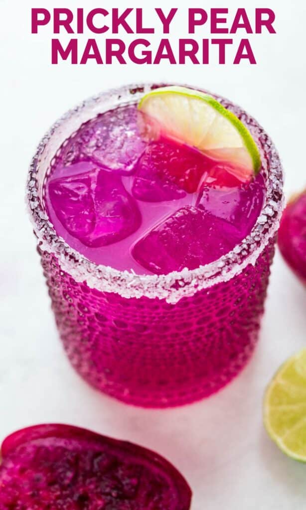 a Pinterest pin to save the prickly pear margarita recipe for later.