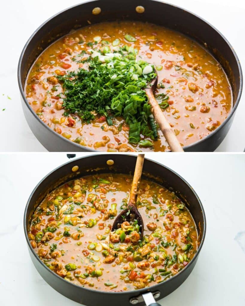 The final step in making the crawfish etouffee recipe is adding chopped green onions and parsley. This gives the rich etouffee sauce a bright finish.