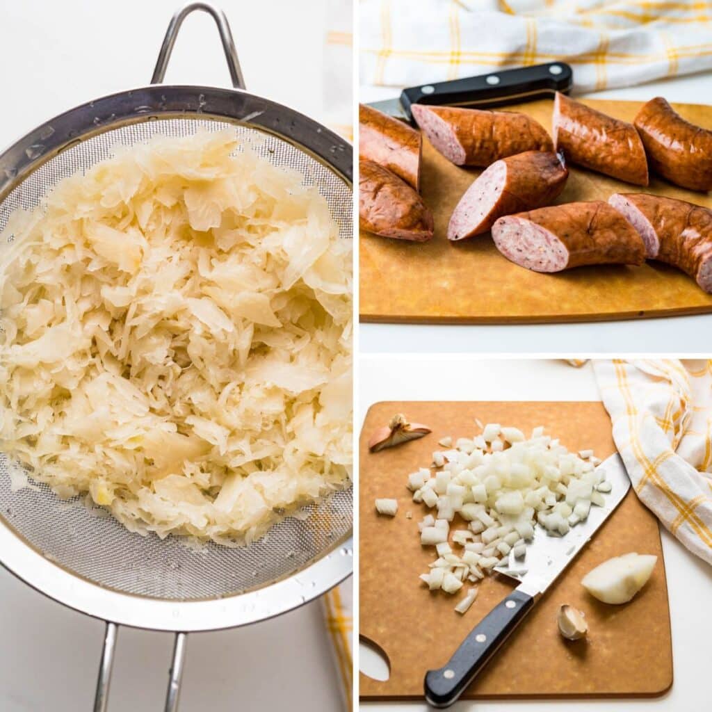 A collage of images showing how you rinse and strain the sauerkraut, cut the sausage into large chunks and dice the onion and garlic.