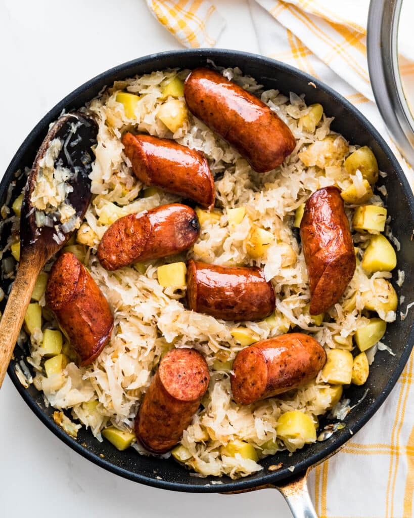 An overhead view of the Polish sausage and kraut skillet dinner.