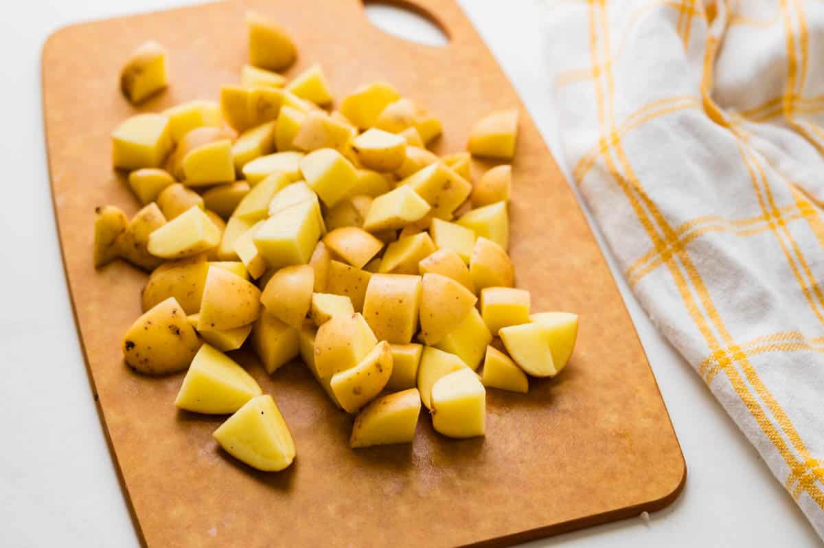Dicing potatoes.