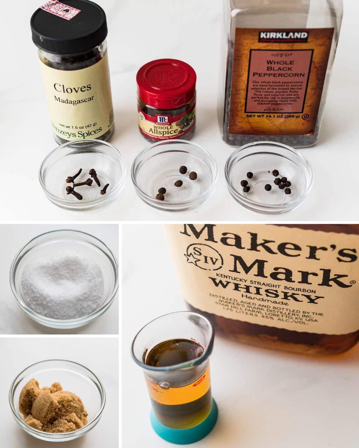 A collage of the various spices, salt, brown sugar and bourbon used in the recipe.