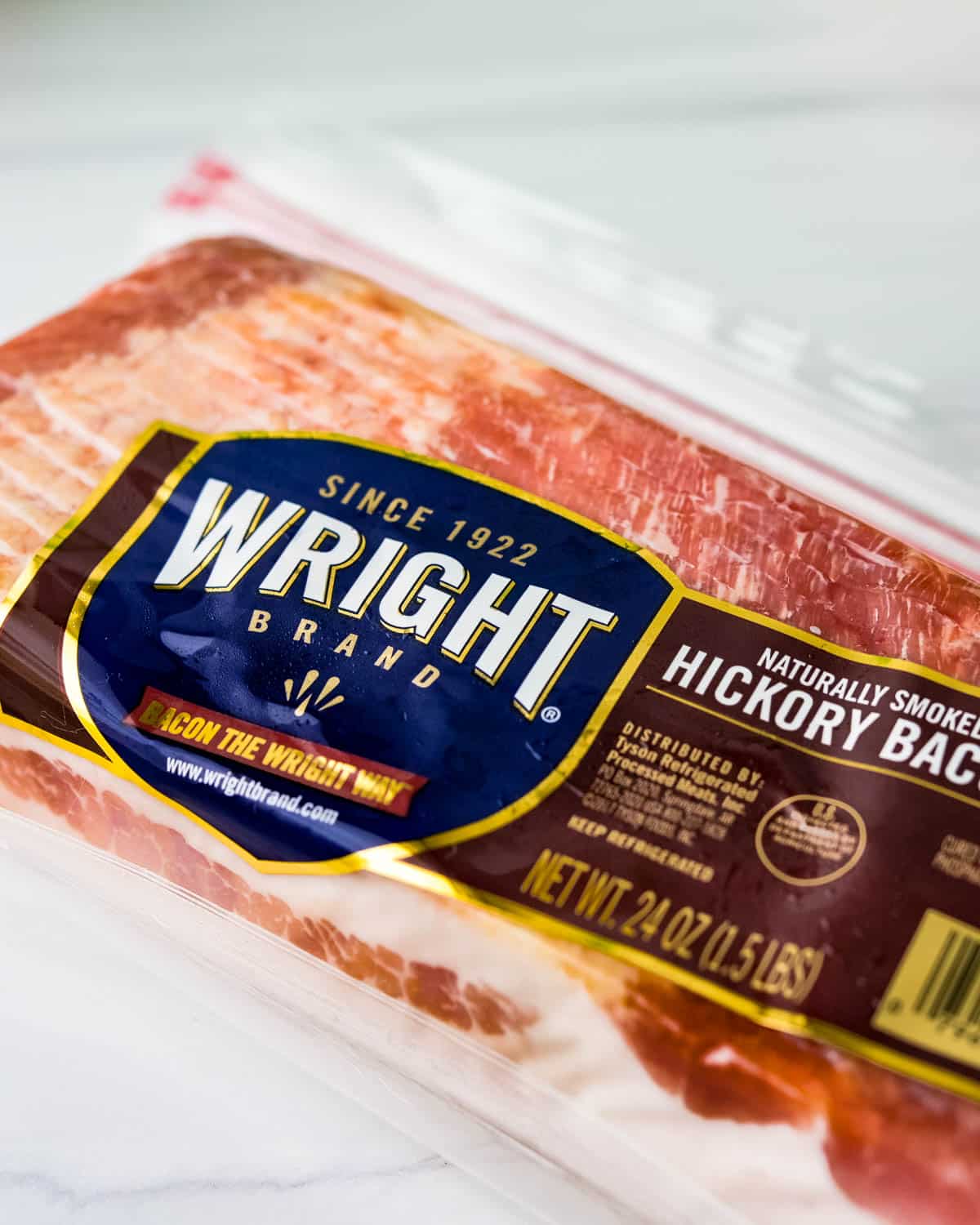 A package of Wright brand Hickory Smoked Bacon.