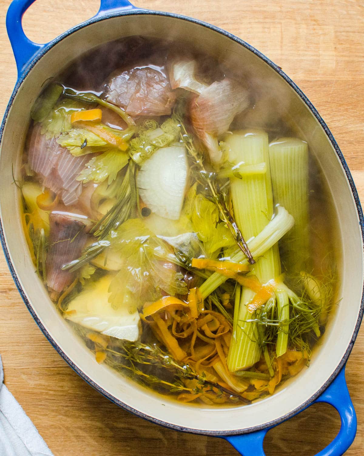 The scraps vegetable broth after simmering. 
