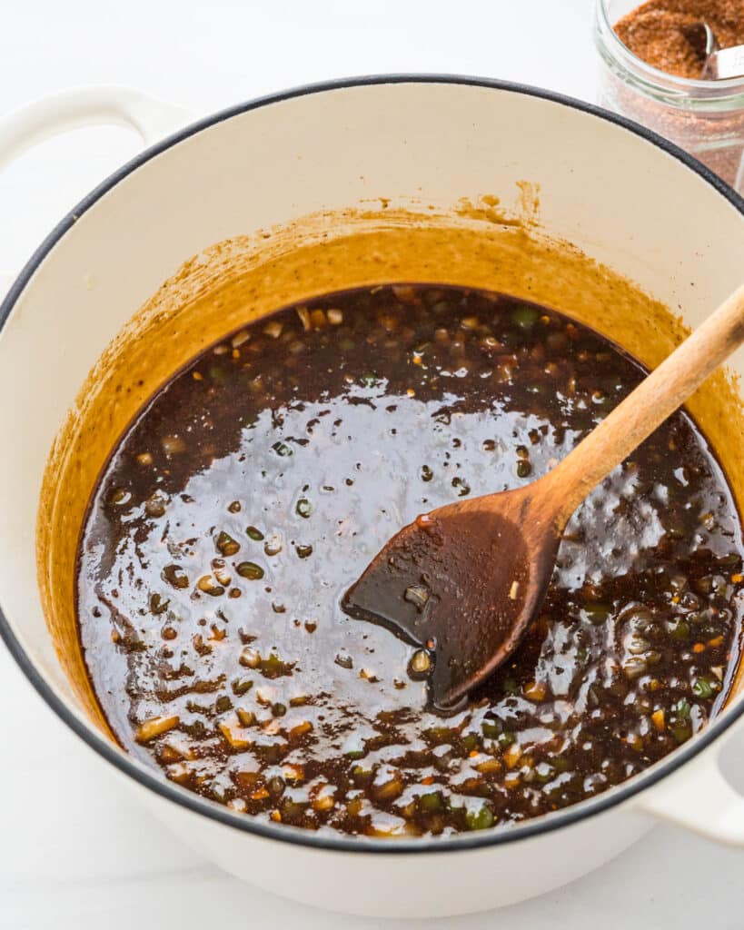 Cook the BBQ sauce until the brown sugar has dissolved.
