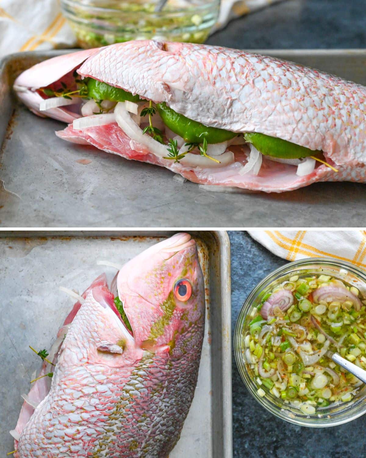 Stuffing the whole fish with aromatics.