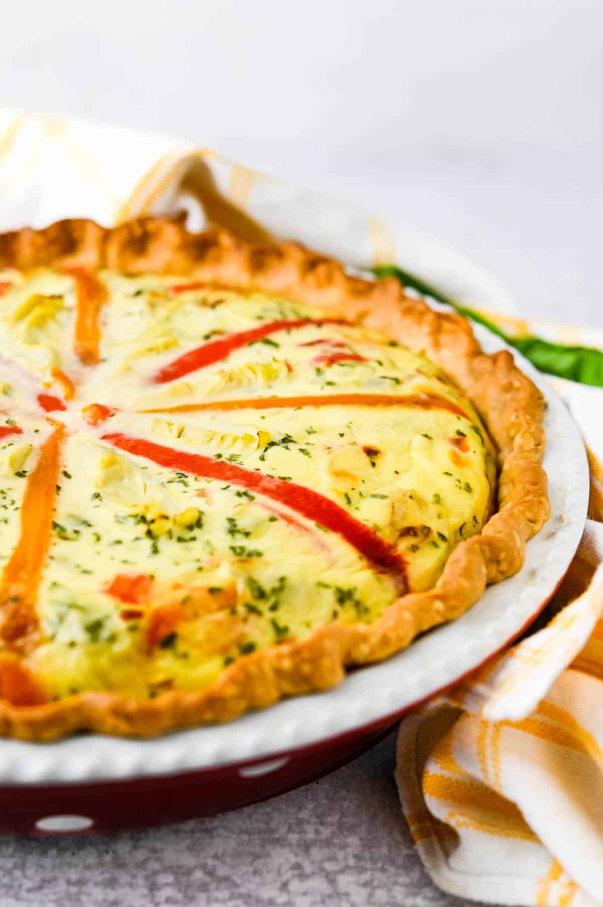 The bell pepper and artichoke quiche hot from the oven.