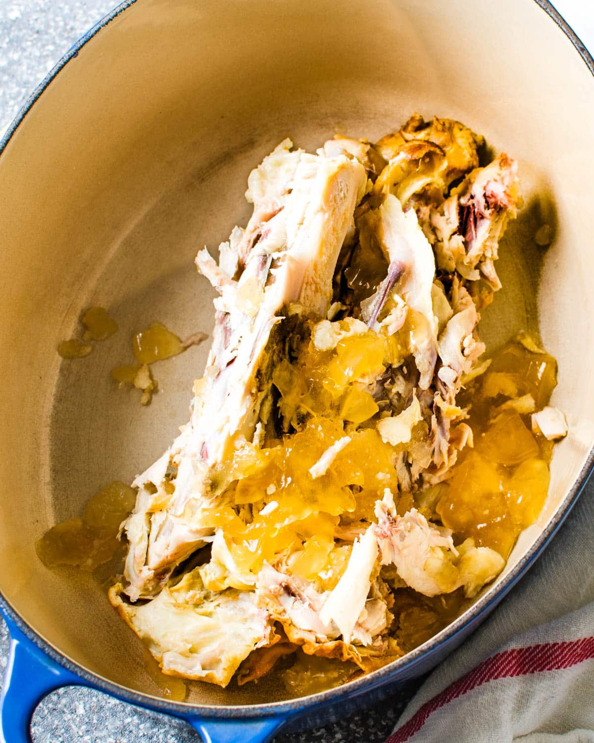A rotisserie chicken carcass and gel in a pot.