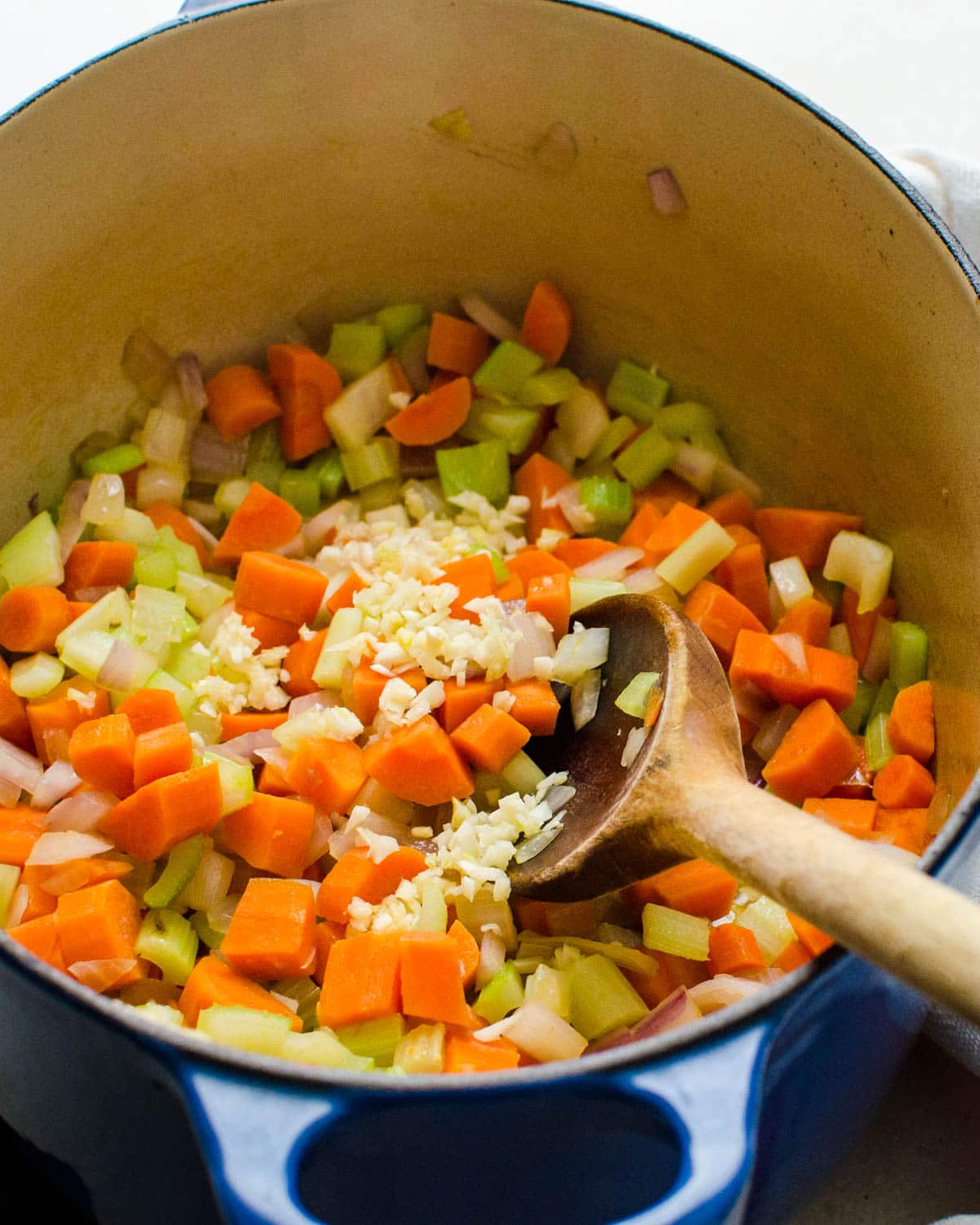 I was sauteing mirepoix and garlic in a Dutch oven.