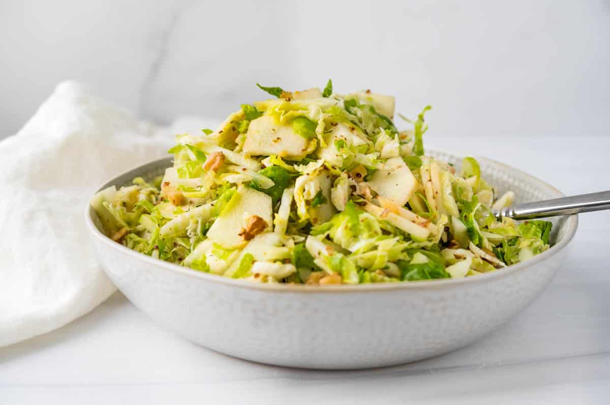 a landscape photo of the brussels sprout slaw.