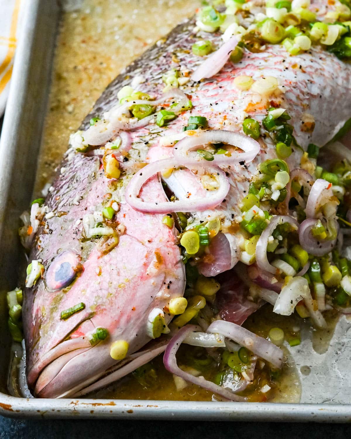 Marinating the snapper with the Caribbean marinade.