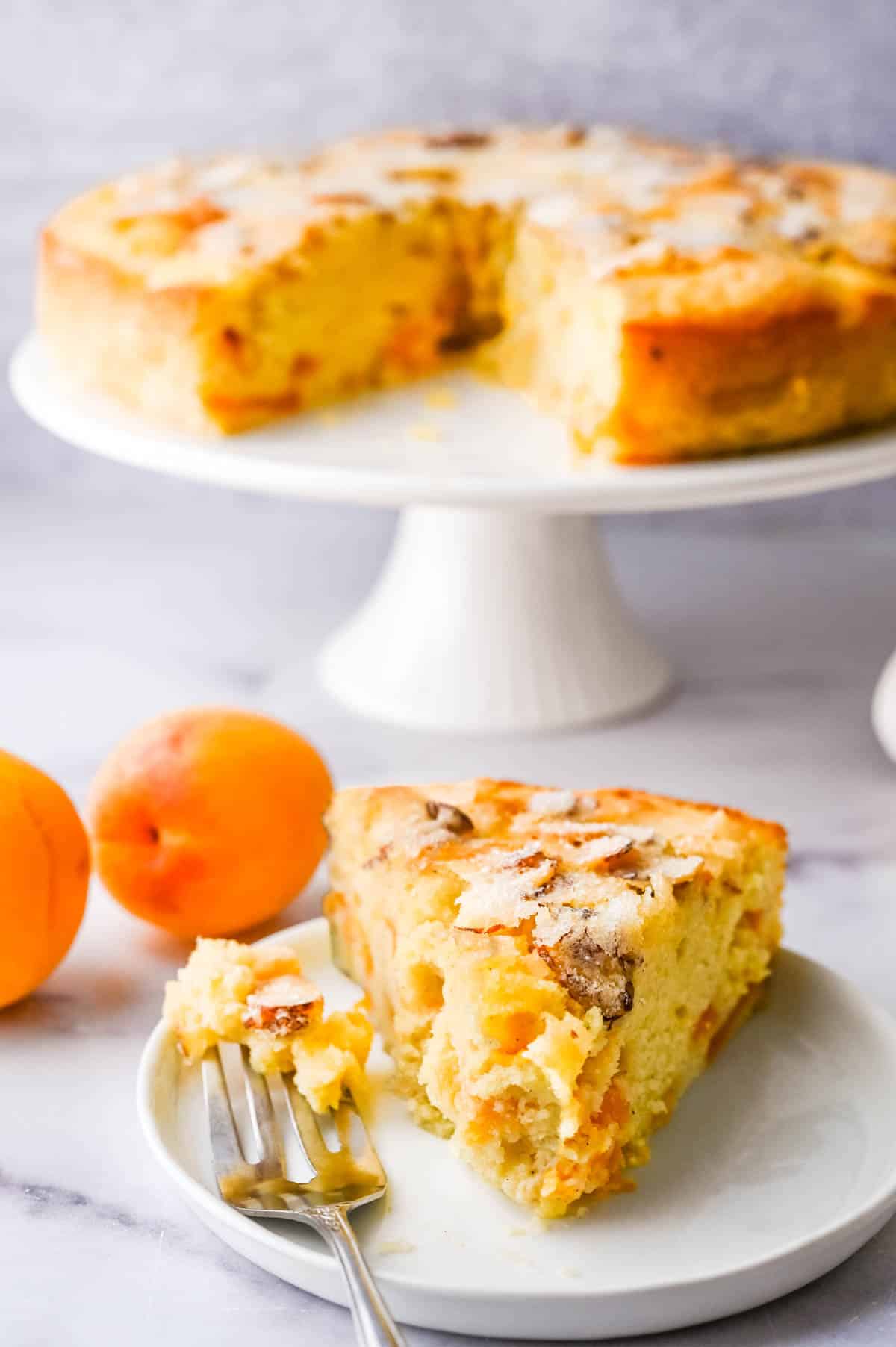 A piece of apricot cake on a plate with the cake stand in the background.