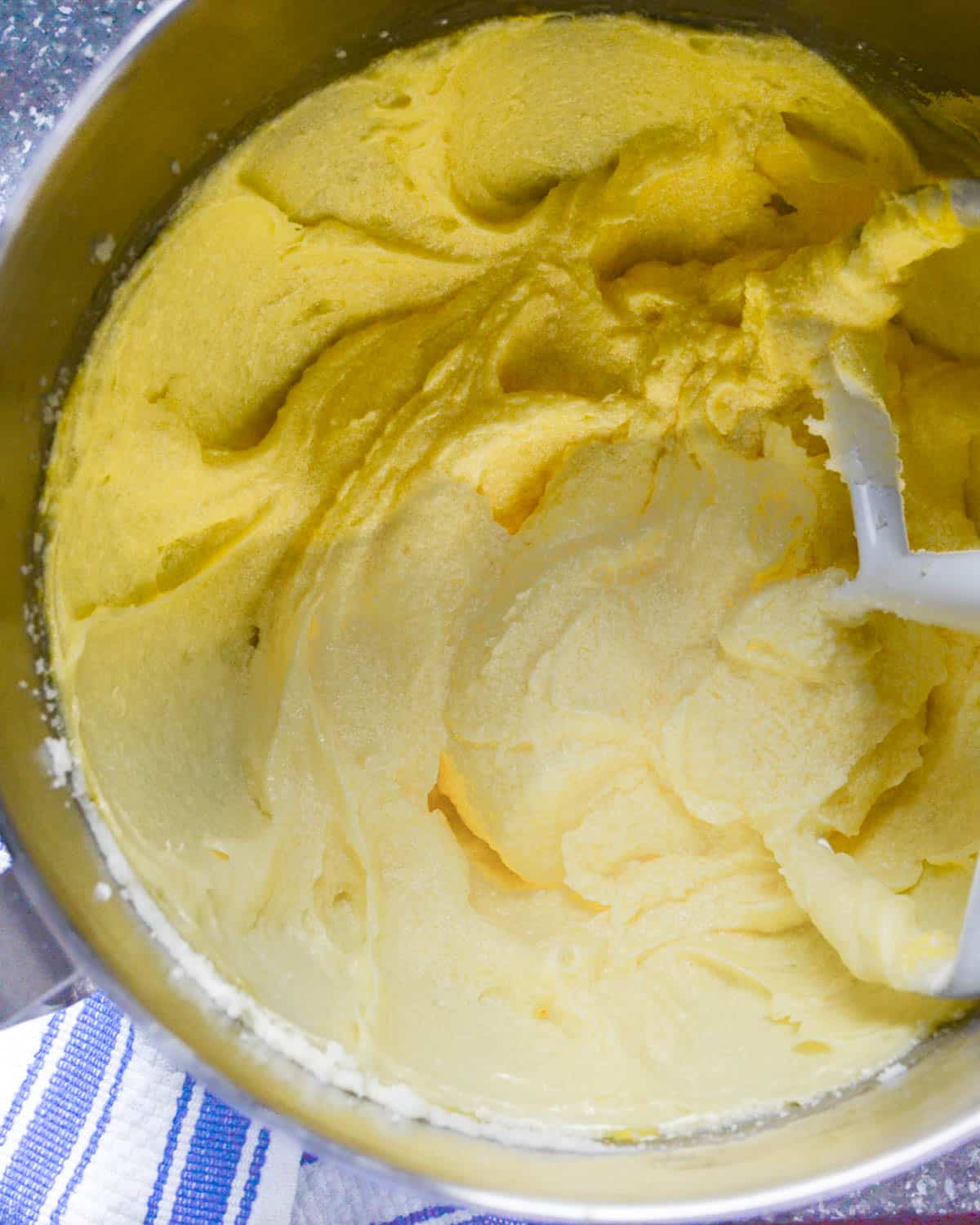 The creamed sugar, butter and eggs are smooth and creamy.