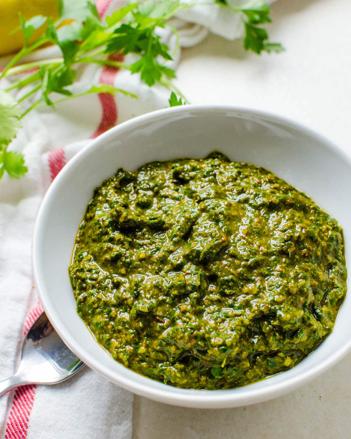 Chermoula in a white serving bowl.