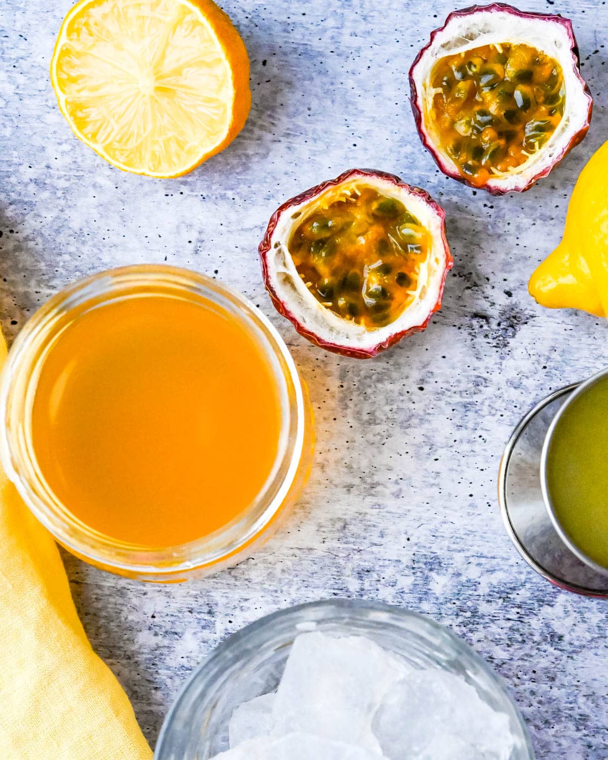 Ingredients to make passion fruit lemonade.
