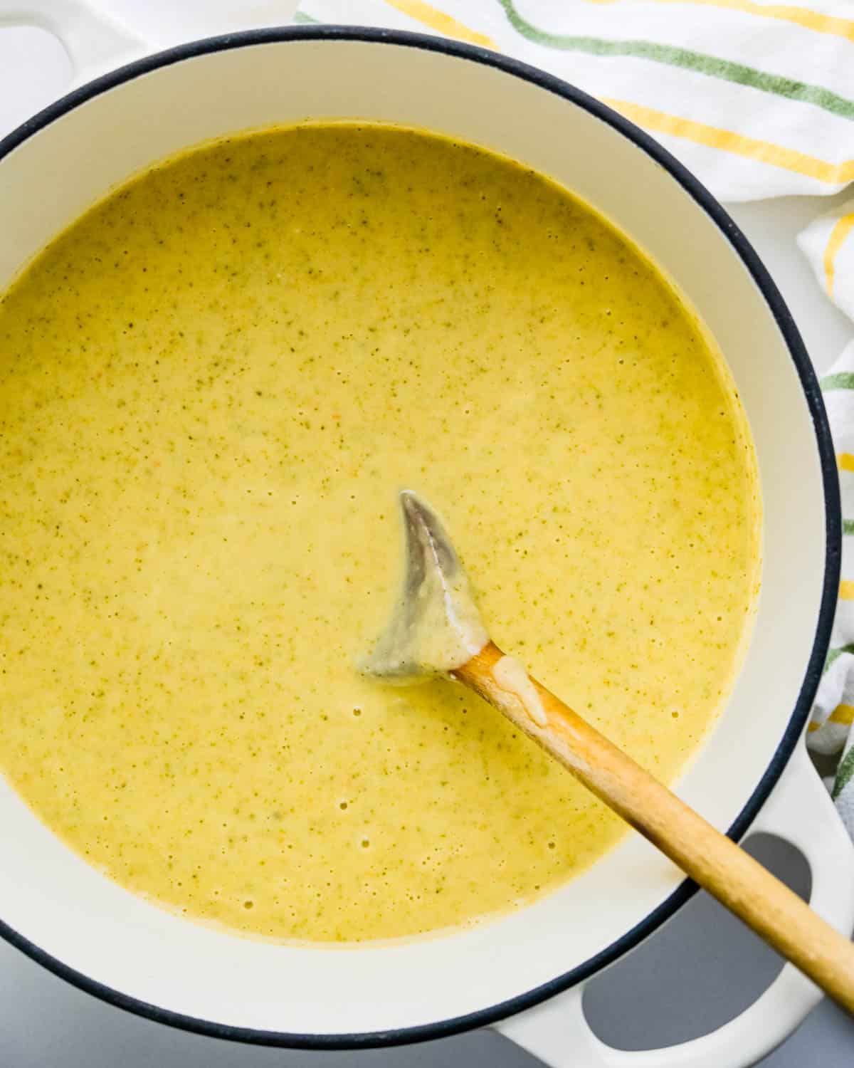 A pot of broccoli soup, ready to eat.