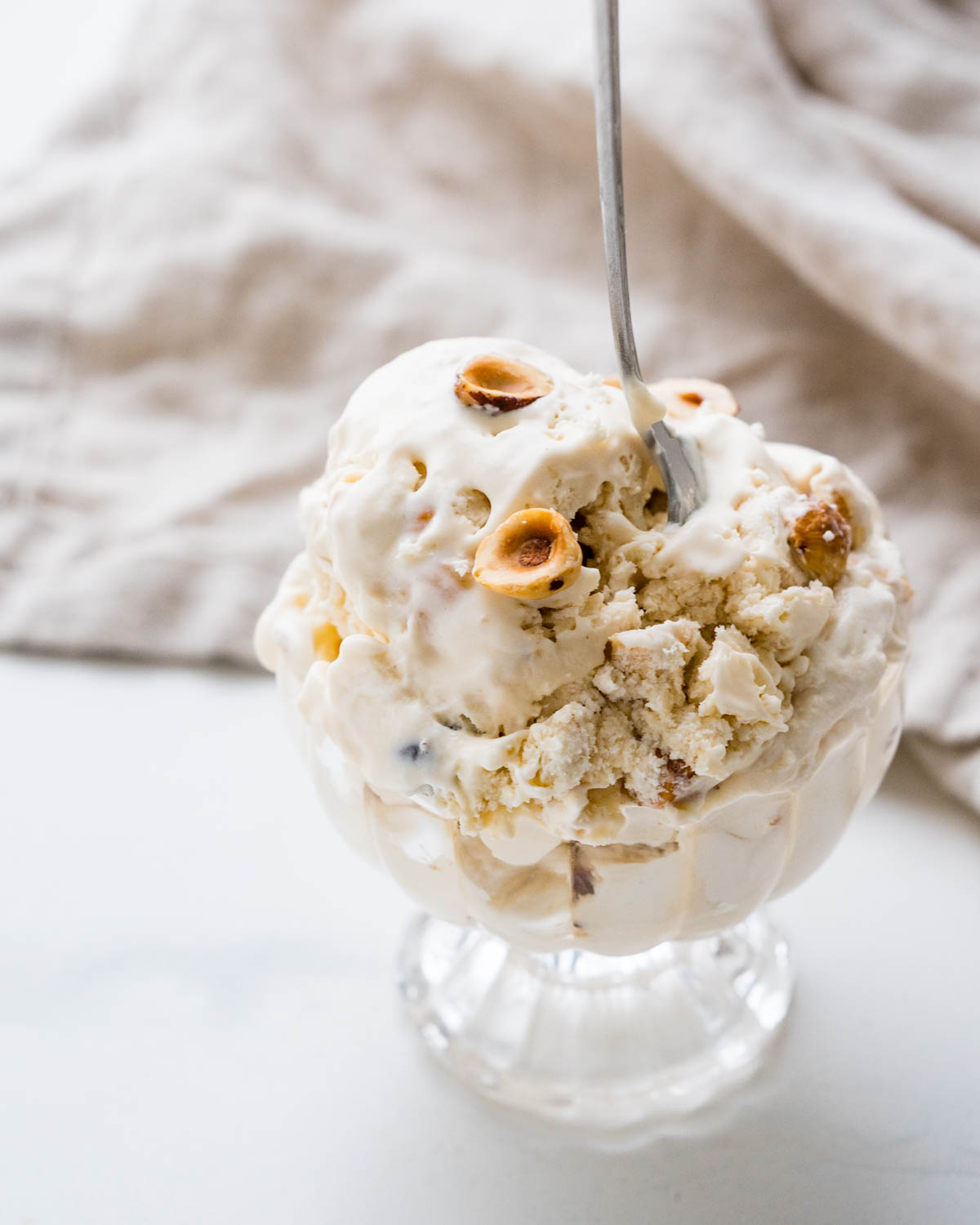 A dish of hazelnut nougat ice cream with extra nuts on top.