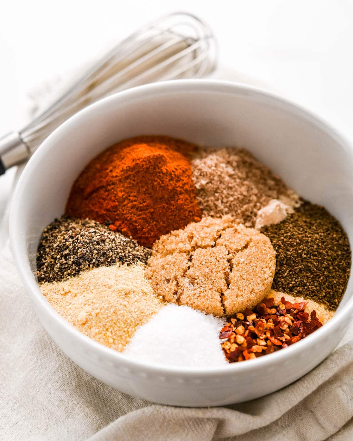Combining the sugar, paprika, salt and spices in a bowl.