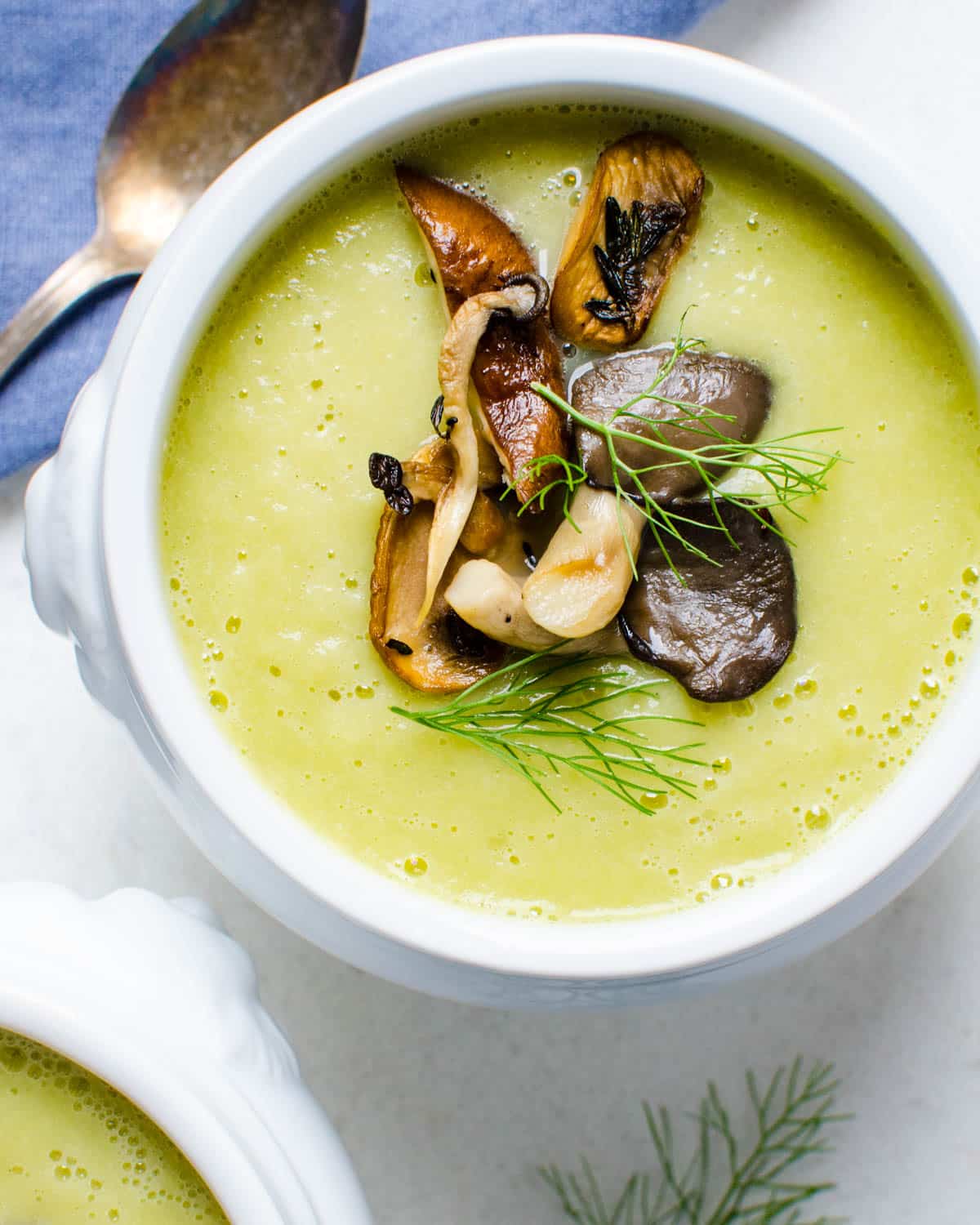 A bowl of fennel leek soup with wild mushrooms.