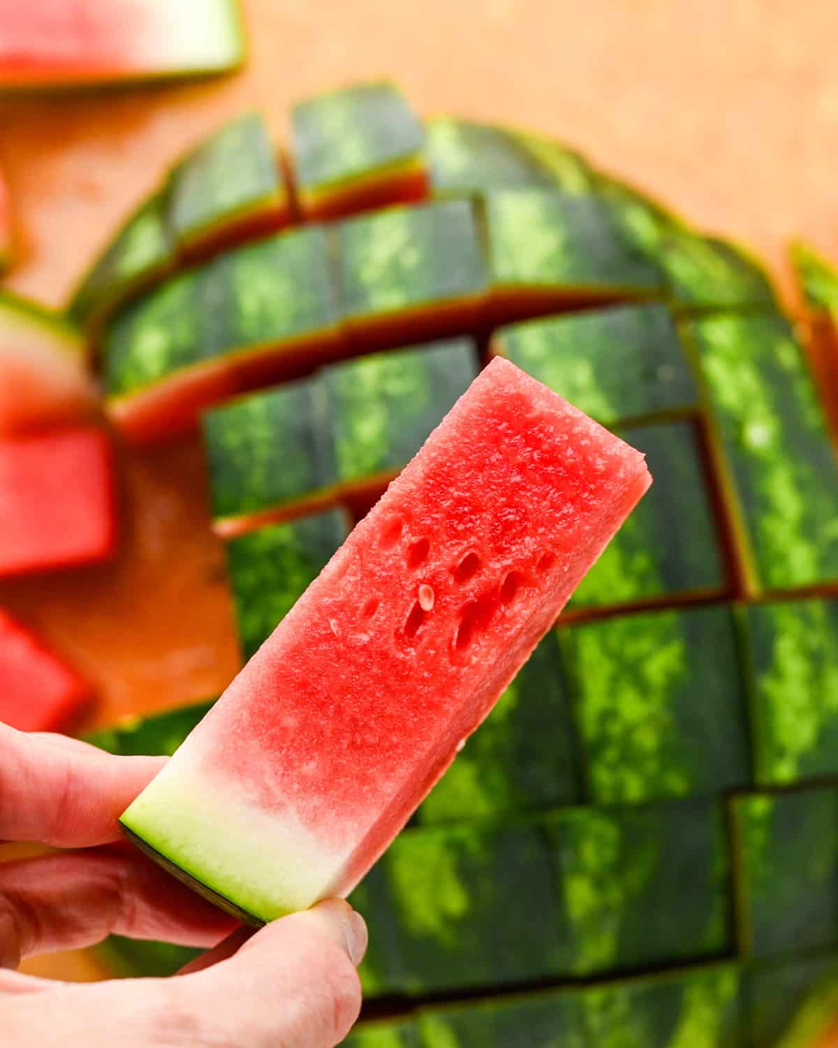 Holding a wedge of sliced watermelon.