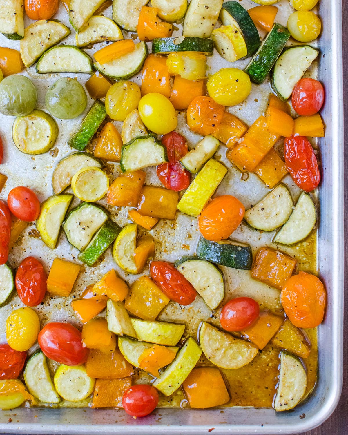 The roasted vegetables hot from the oven.