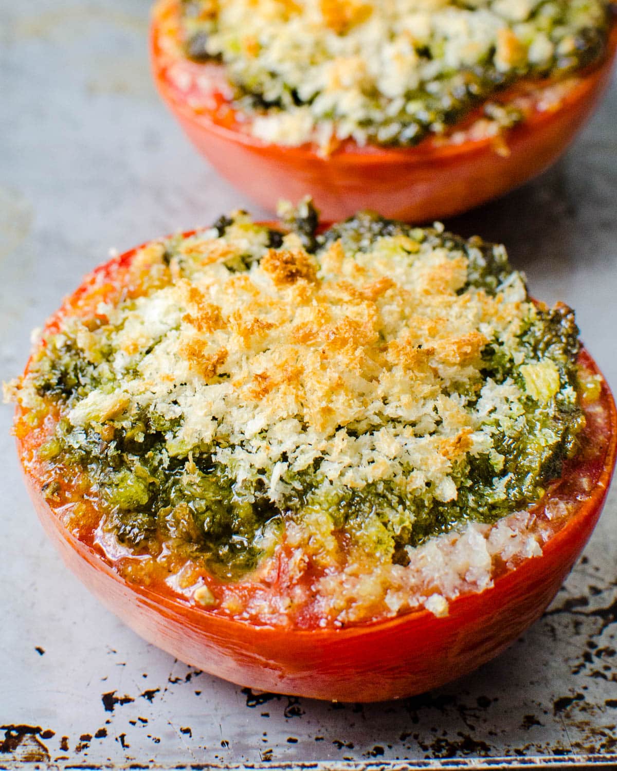The pesto roasted tomatoes hot from the oven.