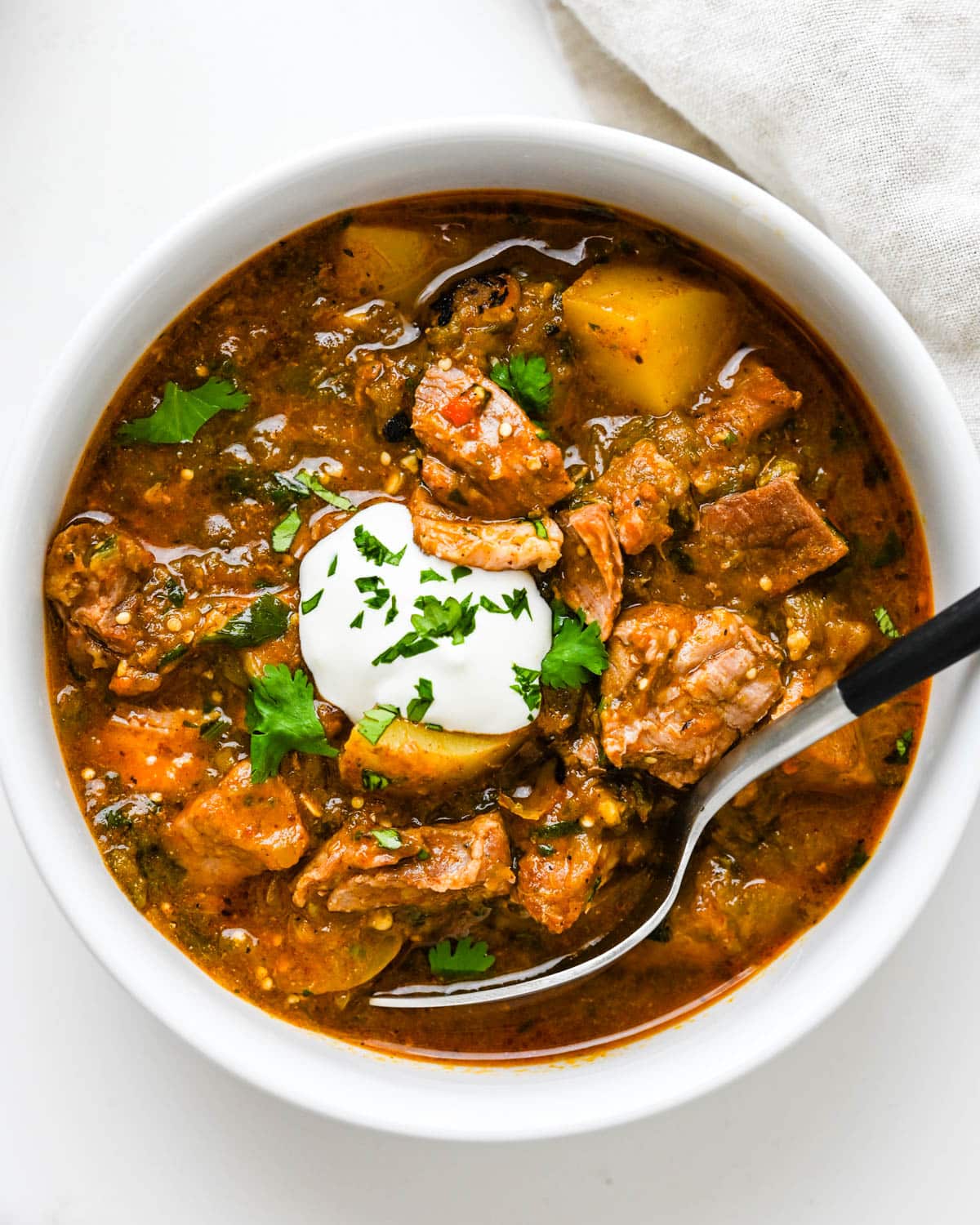 Serving a bowl of the green chili stew recipe.