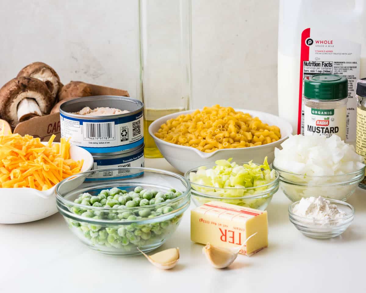 Ingredients for the tuna noodle casserole recipe.