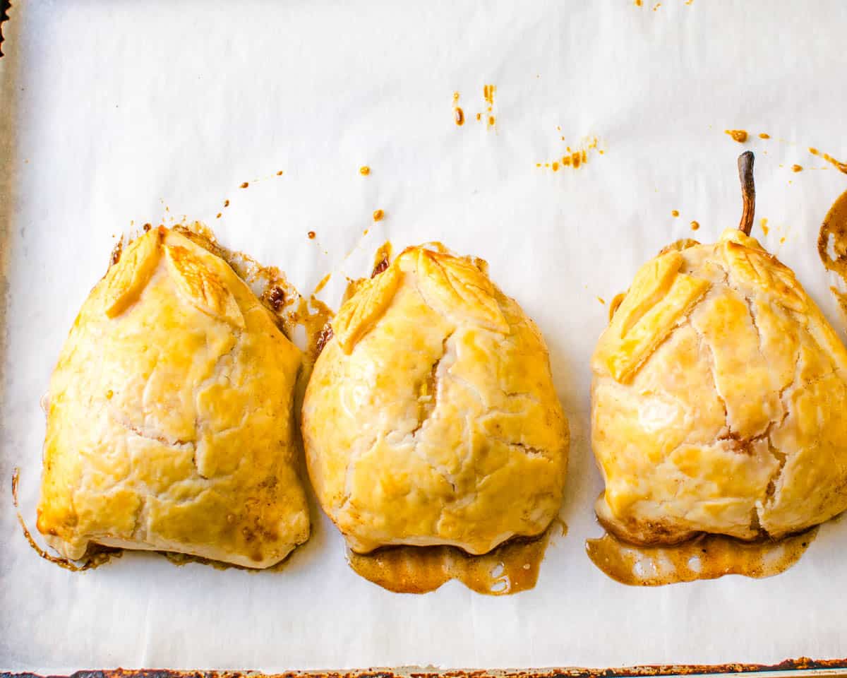 Baked pears on a sheet pan.