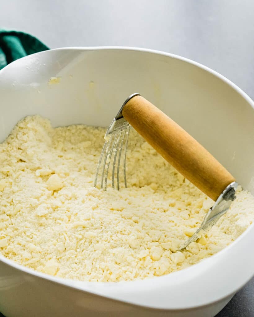 Using a pastry blender to cut in the butter.
