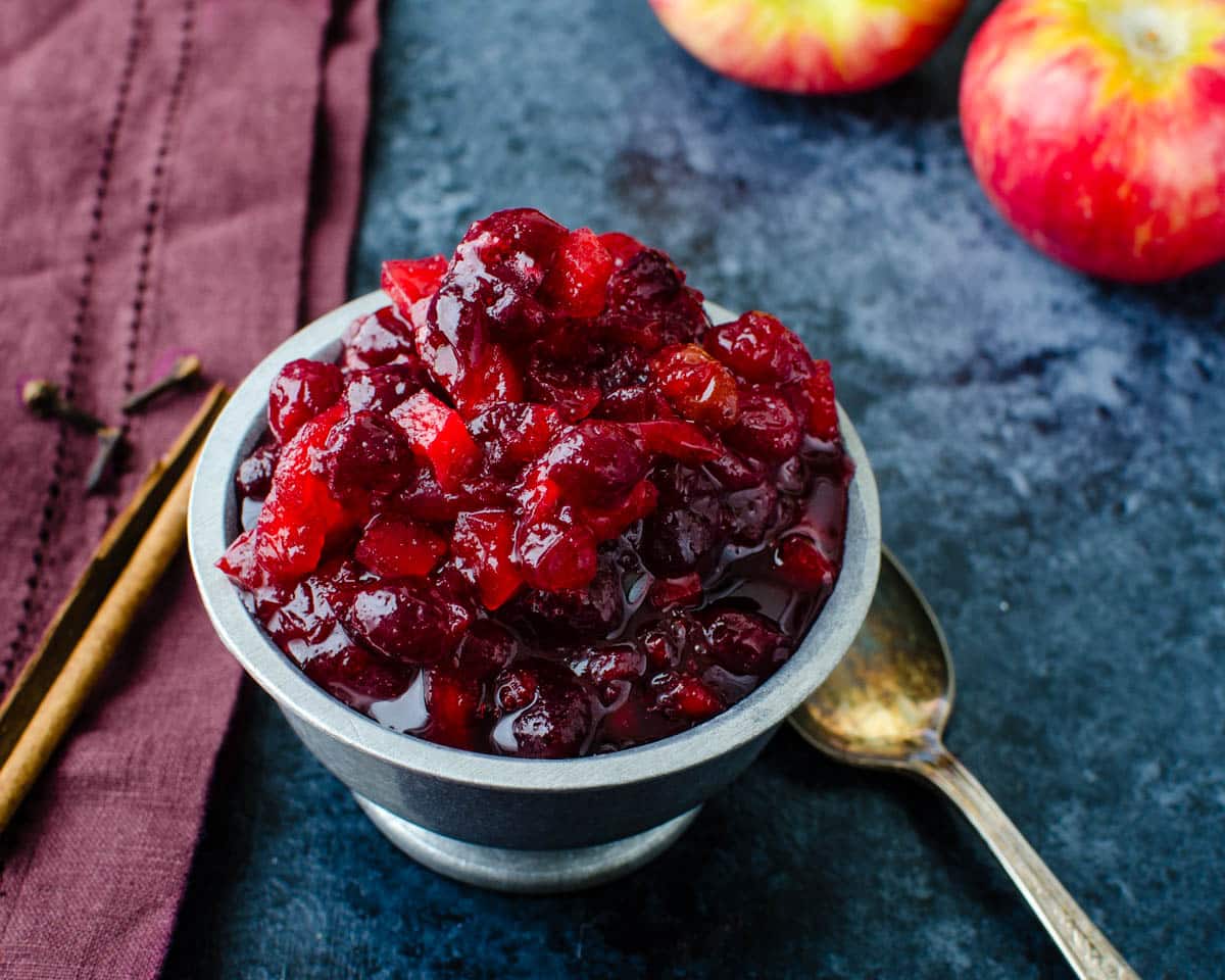 A dish of cranberry apple sauce.