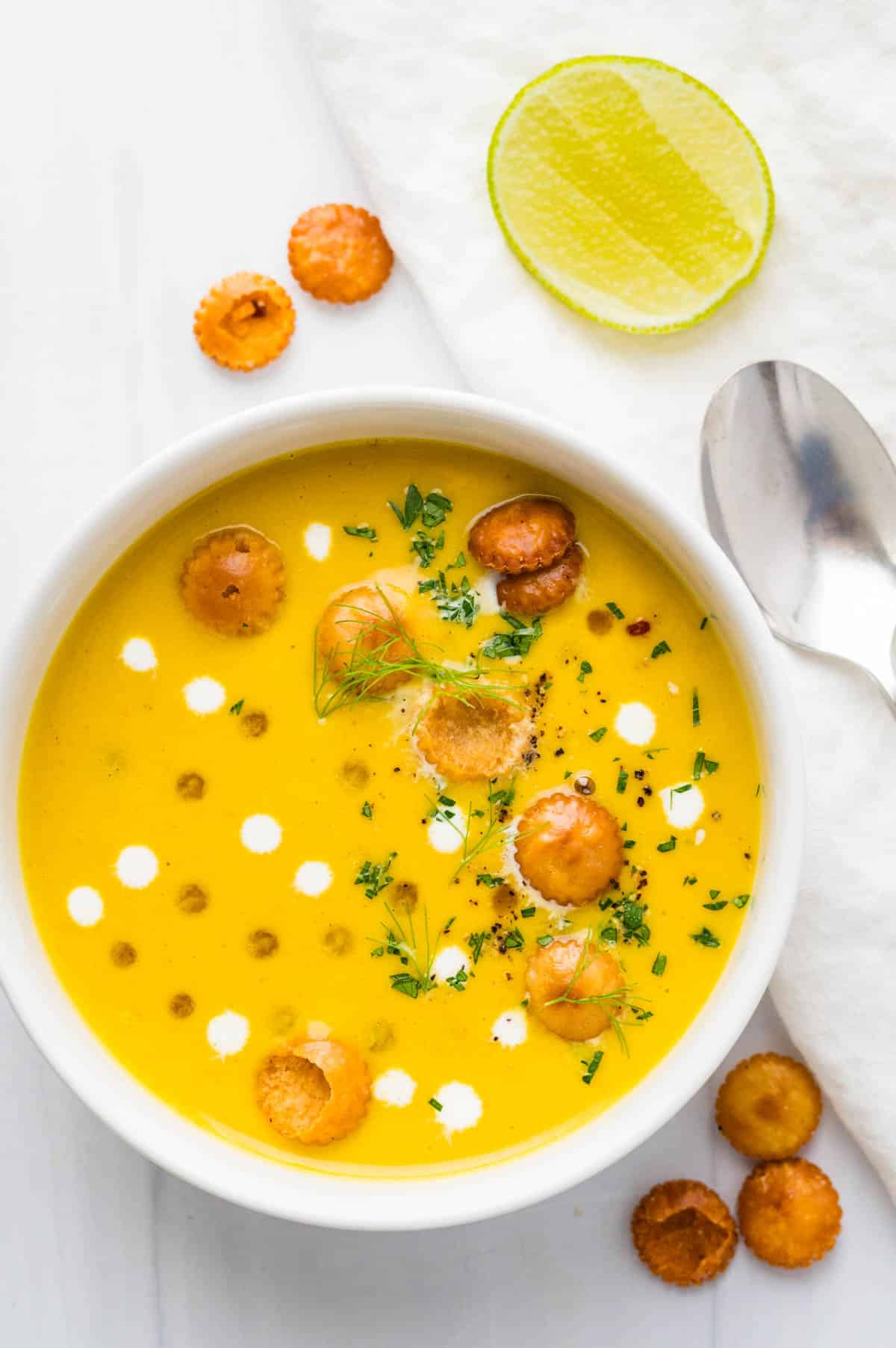 Serving the curried pumpkin soup with fried oyster crackers.