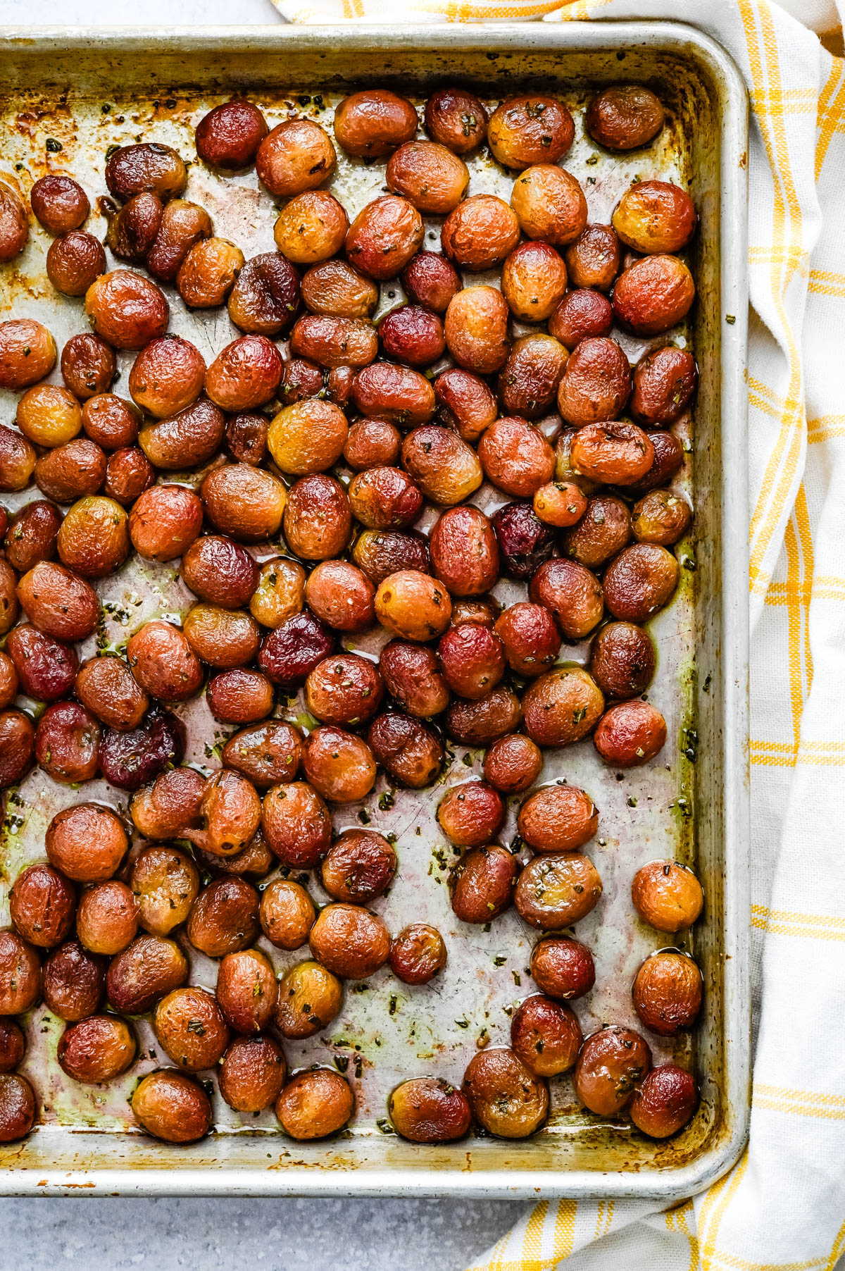 The roasted grapes after they've come out of the oven.