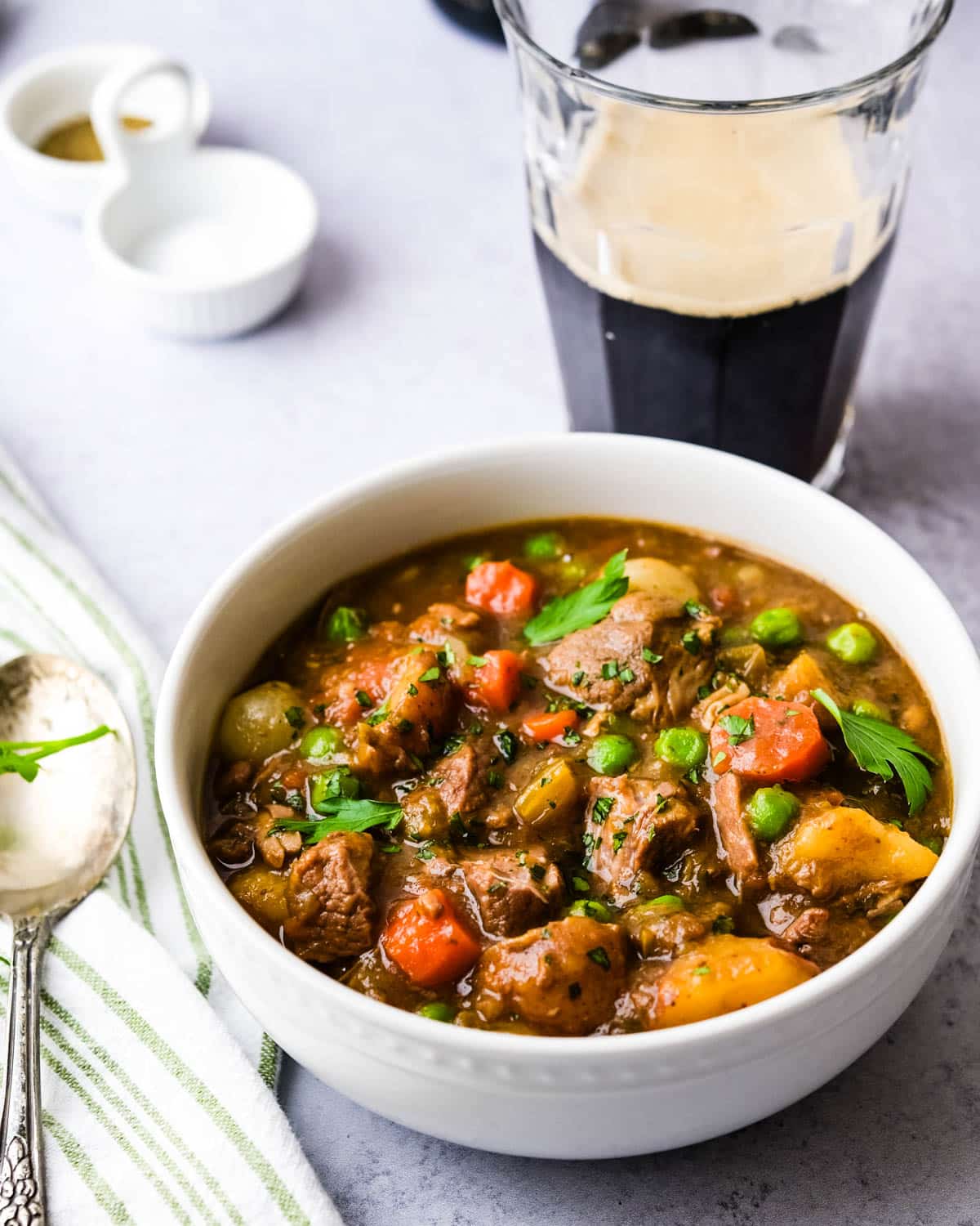 A glass of Guinness with the Irish Stout Lamb Stew.