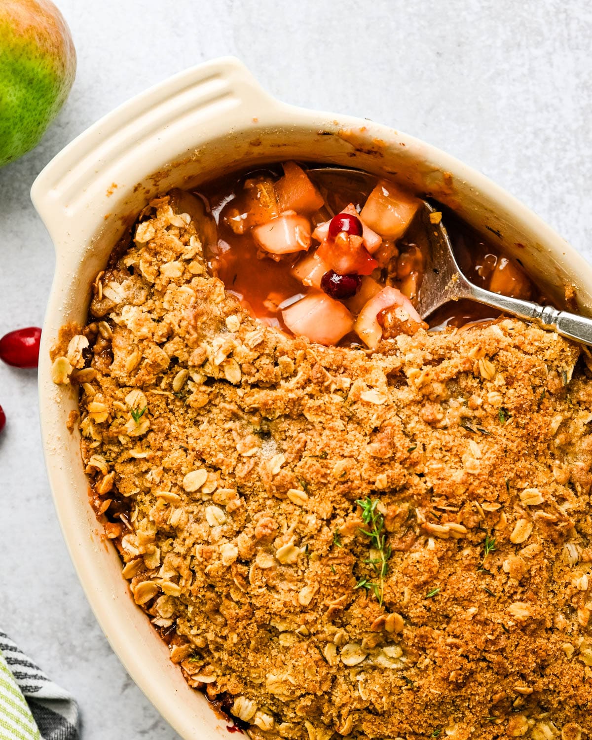 Baked pear and cranberry crisp.