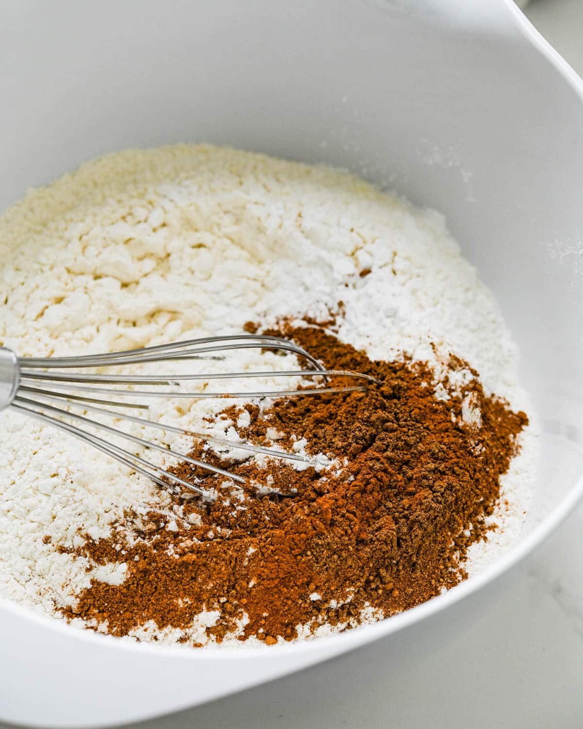 Mixing pumpkin spices with the dry ingredients. 
