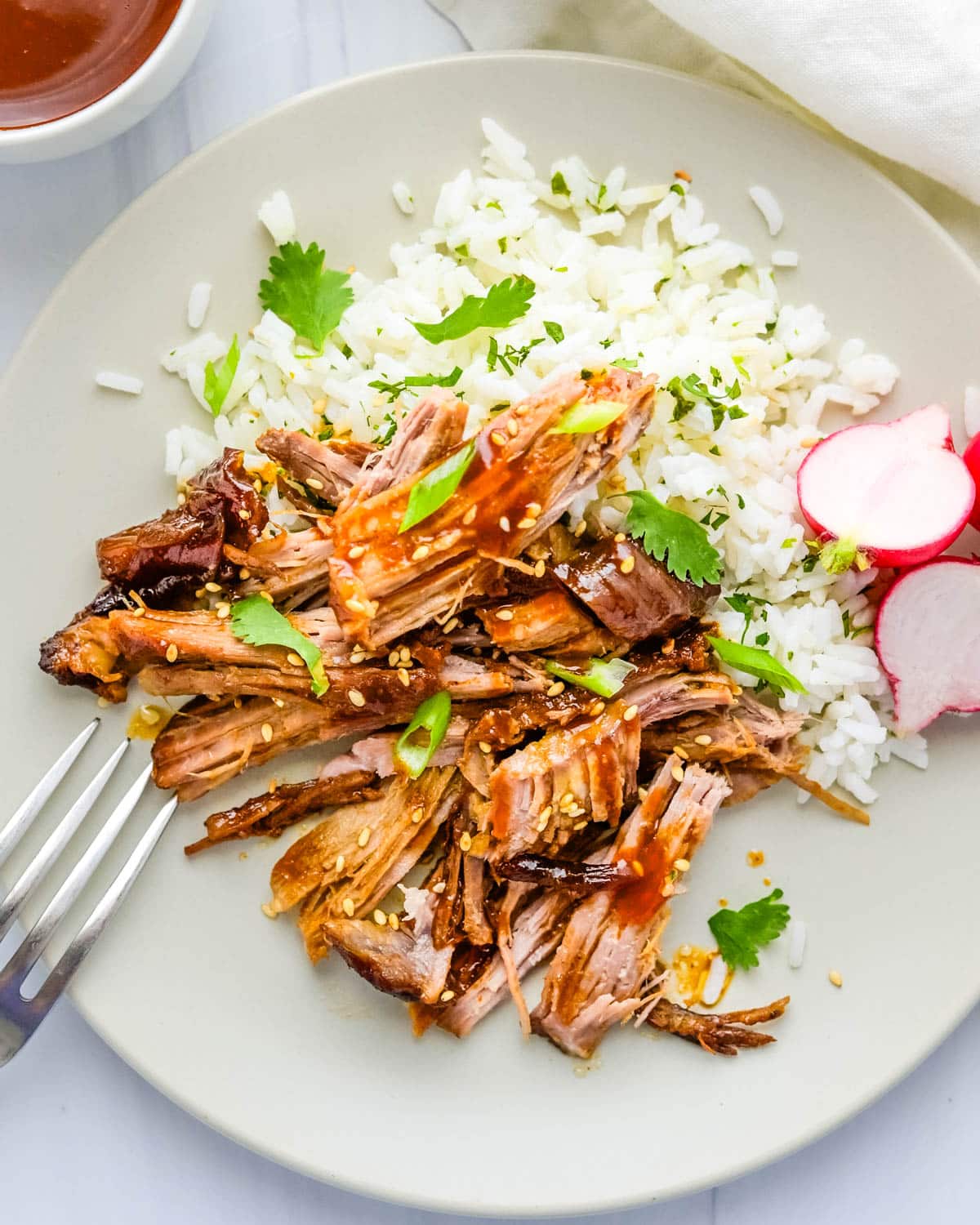 Serving Asian pulled pork with sauce over sticky white rice.