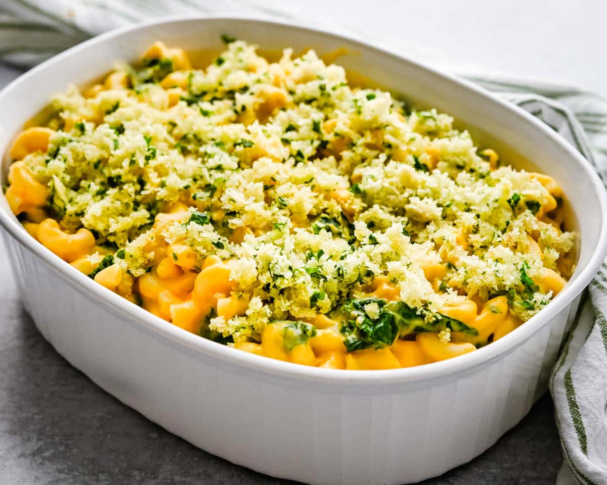 Top the casserole with fresh breadcrumbs.