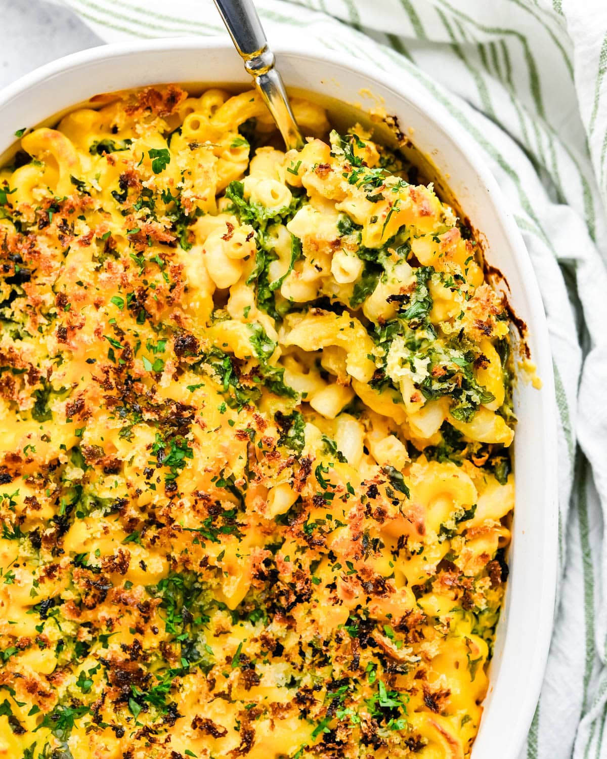 Baked healthy mac and cheese with a crispy breadcrumb topping.