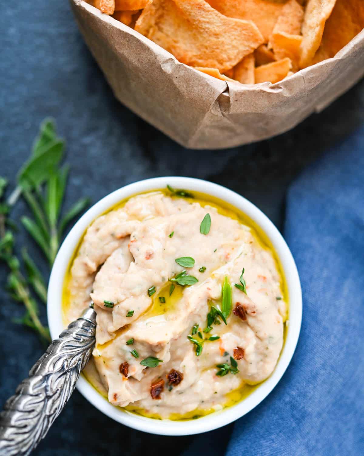 The Tuscan white bean dip with herbs and sun-dried tomatoes. 