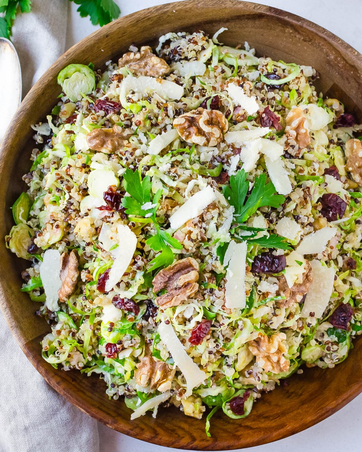Brussels quinoa salad with dried cranberries.