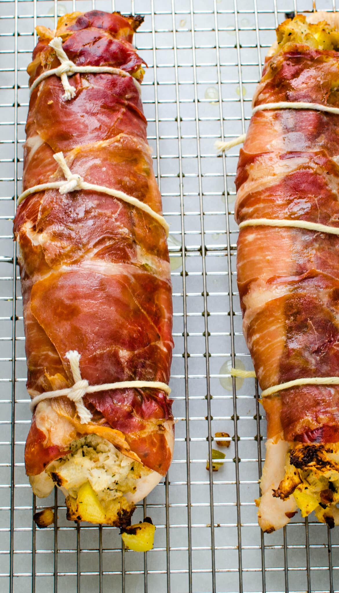 Rolled and tied turkey tenderloins stuffed with dressing.