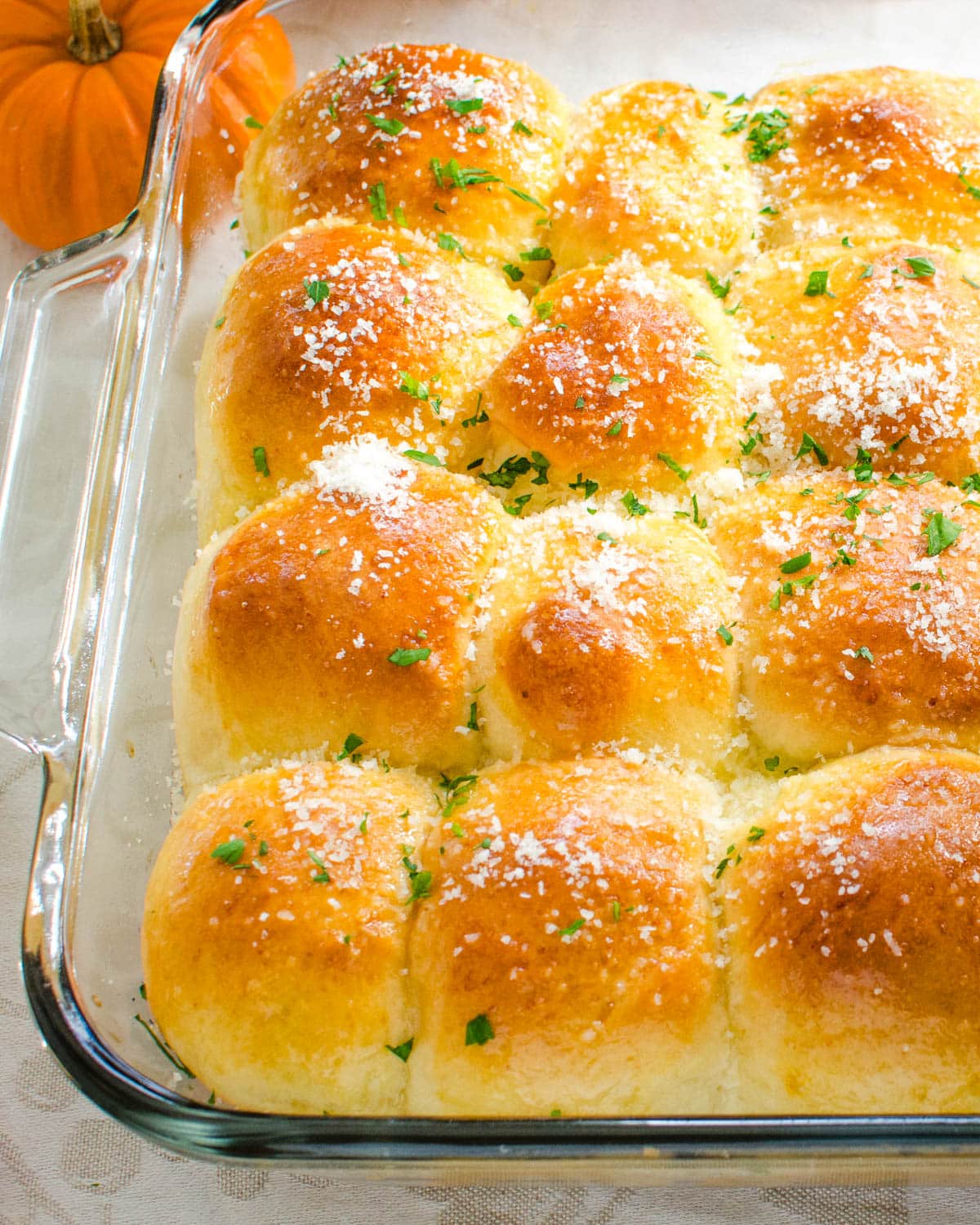 Yeast rolls with cheese and parsley garnish.