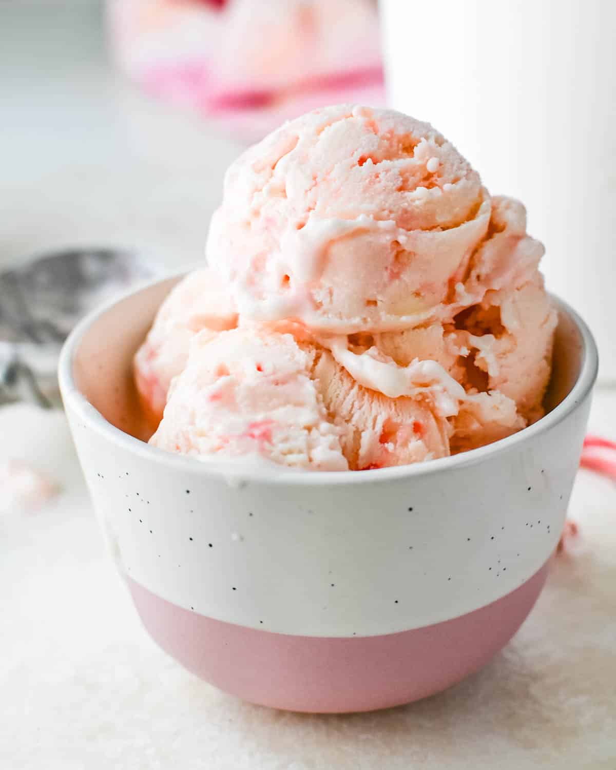 Serving a dish of peppermint ice cream.
