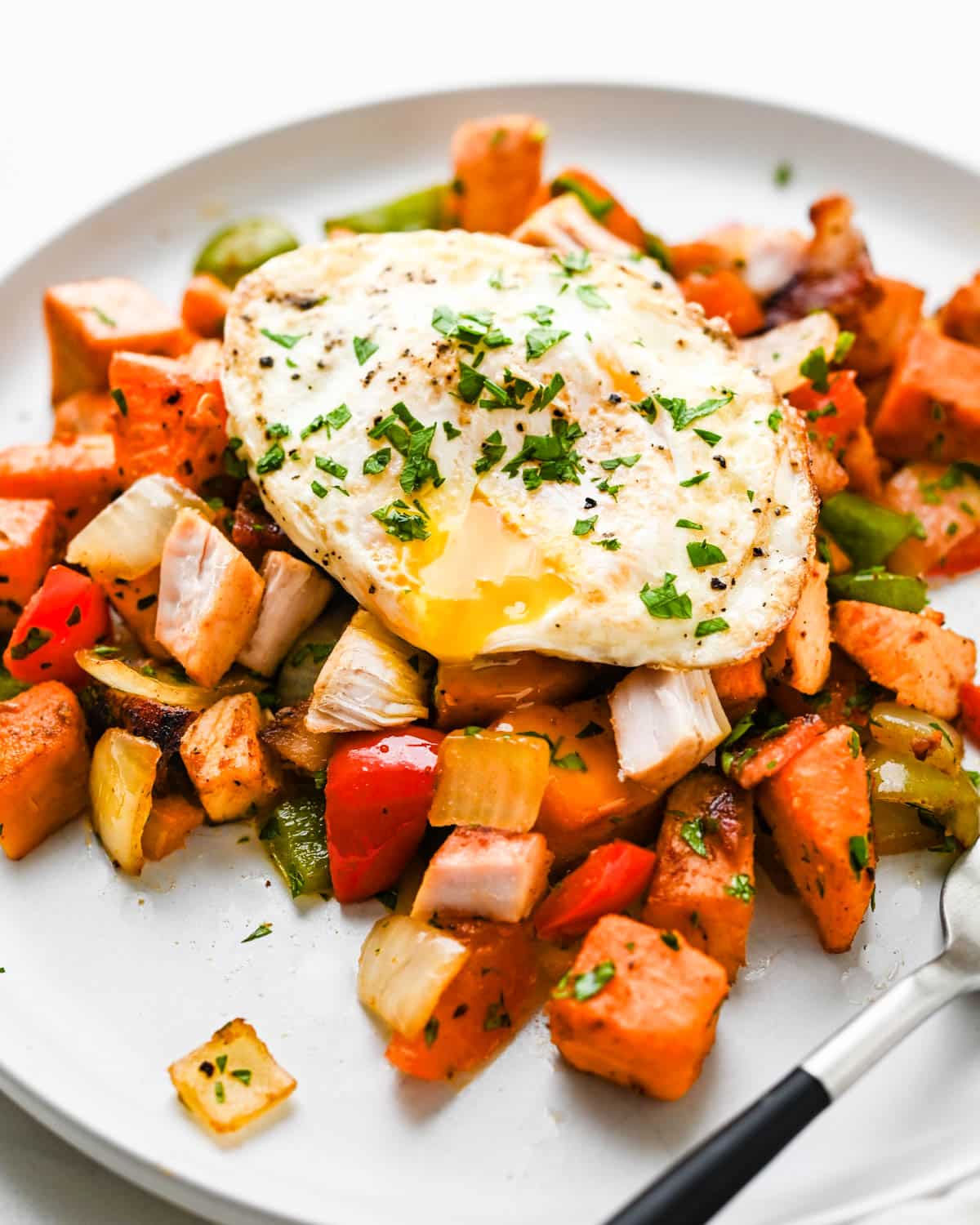 Turkey hash with a fried egg.
